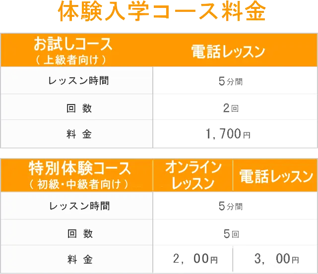 電話レッスン、オンラインレッスン体験レッスンの料金