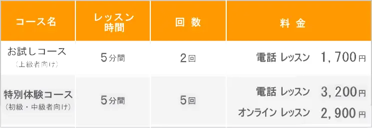 電話レッスン、オンラインレッスン体験レッスンの料金